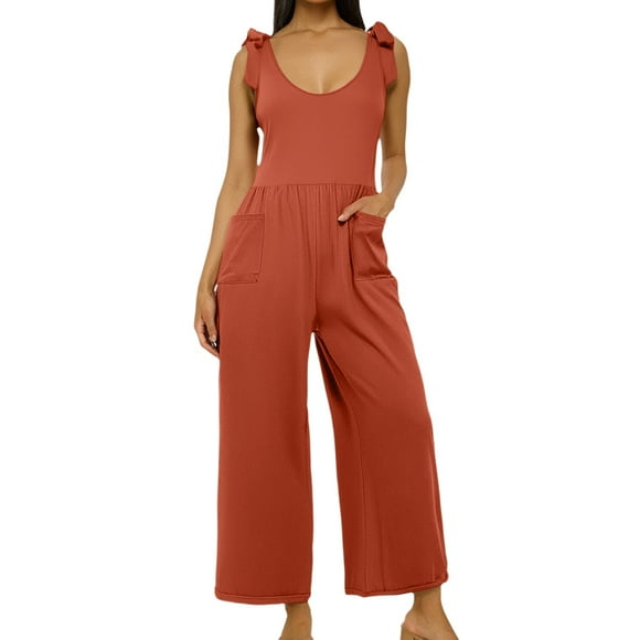 Jumpsuits Overalls for Women Casual Adjustable Straps Round Neck Lace Up Solid Color Fashion Loose Summer Rompers Jumpers with Pockets