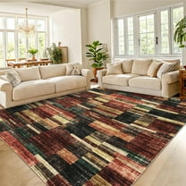 Hasoo Large Living Room Area Rug 10' x 13' Washable Indoor Carpet Red Washable Modern Plaid Geometric Bordered Rug