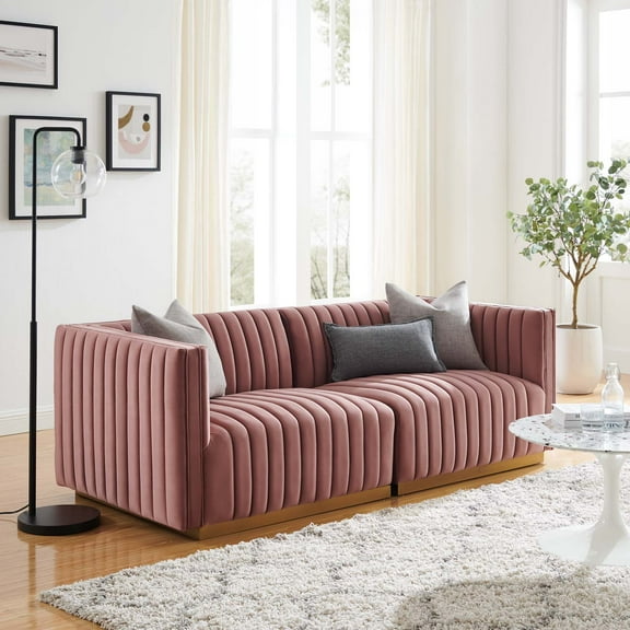 Modway Conjure Channel Tufted Performance Velvet Loveseat in Gold Dusty Rose