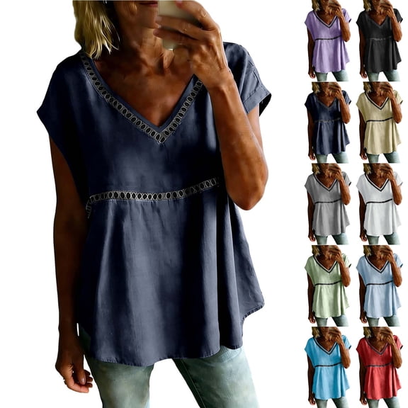 Paiwinds Women's V-Neck Short Sleeve Button Down Shirt Casual Loose Fit Blouse Soft Polyester Solid Color Summer Top
