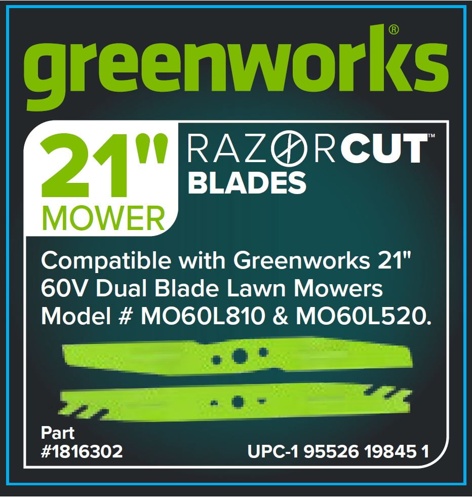 Greenworks 21 inch Dual Mulching Blades for Walk-Behind Lawn Mowers, Razor Cut Blades, Part 1816302, 2 Blades Included