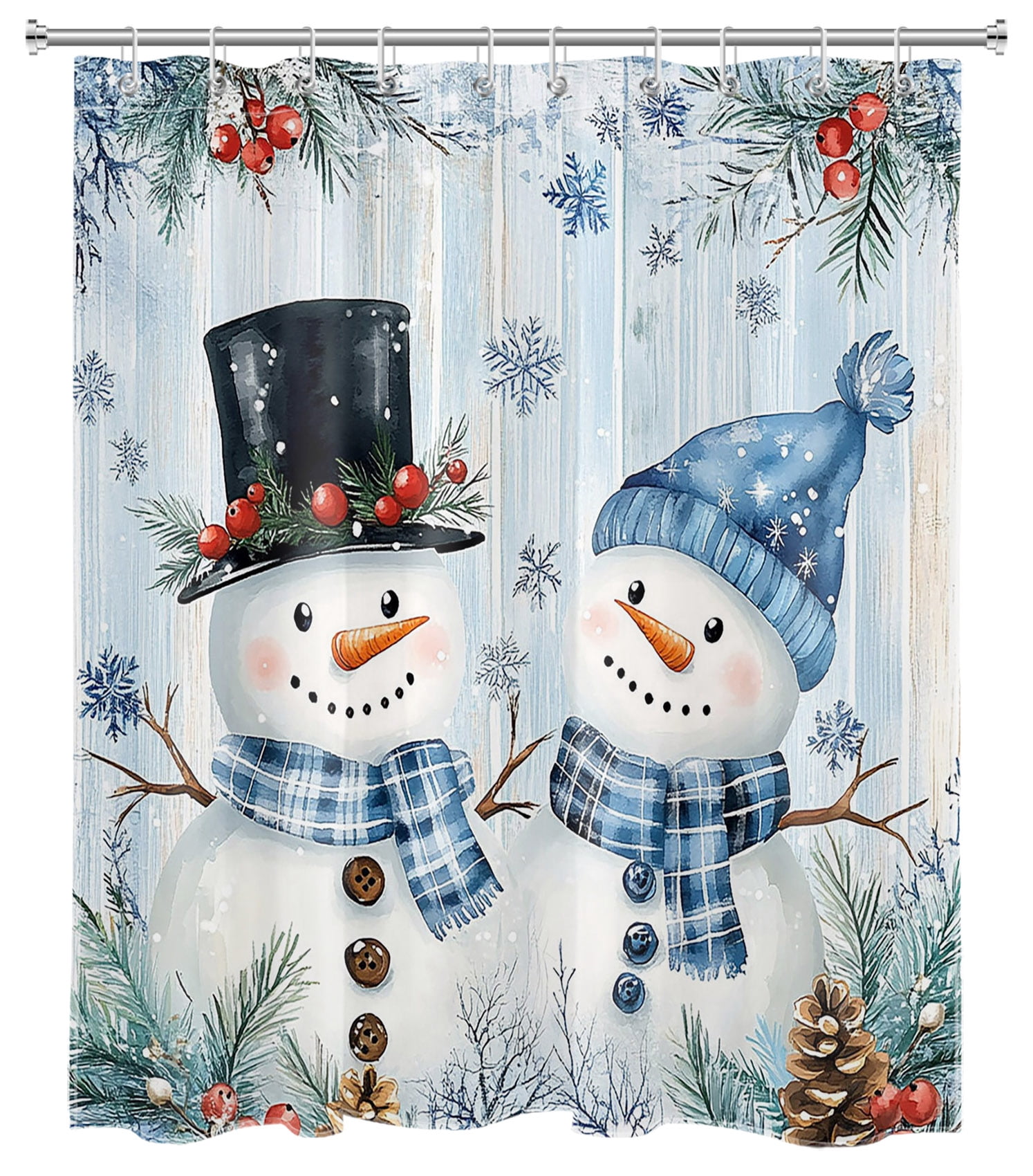 HVEST Blue Christmas Snowman Shower Curtain with Winter Snowman Snowflake Design - Blue Winter Snow Scene Bathroom Decor, Waterproof Polyester Fabric, Includes 10 Hooks, 60x72 Inches