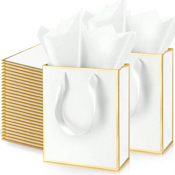 50 Pack Metallic Gift Bags with Handle and Tissue Paper Gold Foil Welcome Bag for Wedding Guest Fall Party Hotel Guest 5 Senses Gifts Birthday  Shower Holiday 9x7x3.15'' White Gold