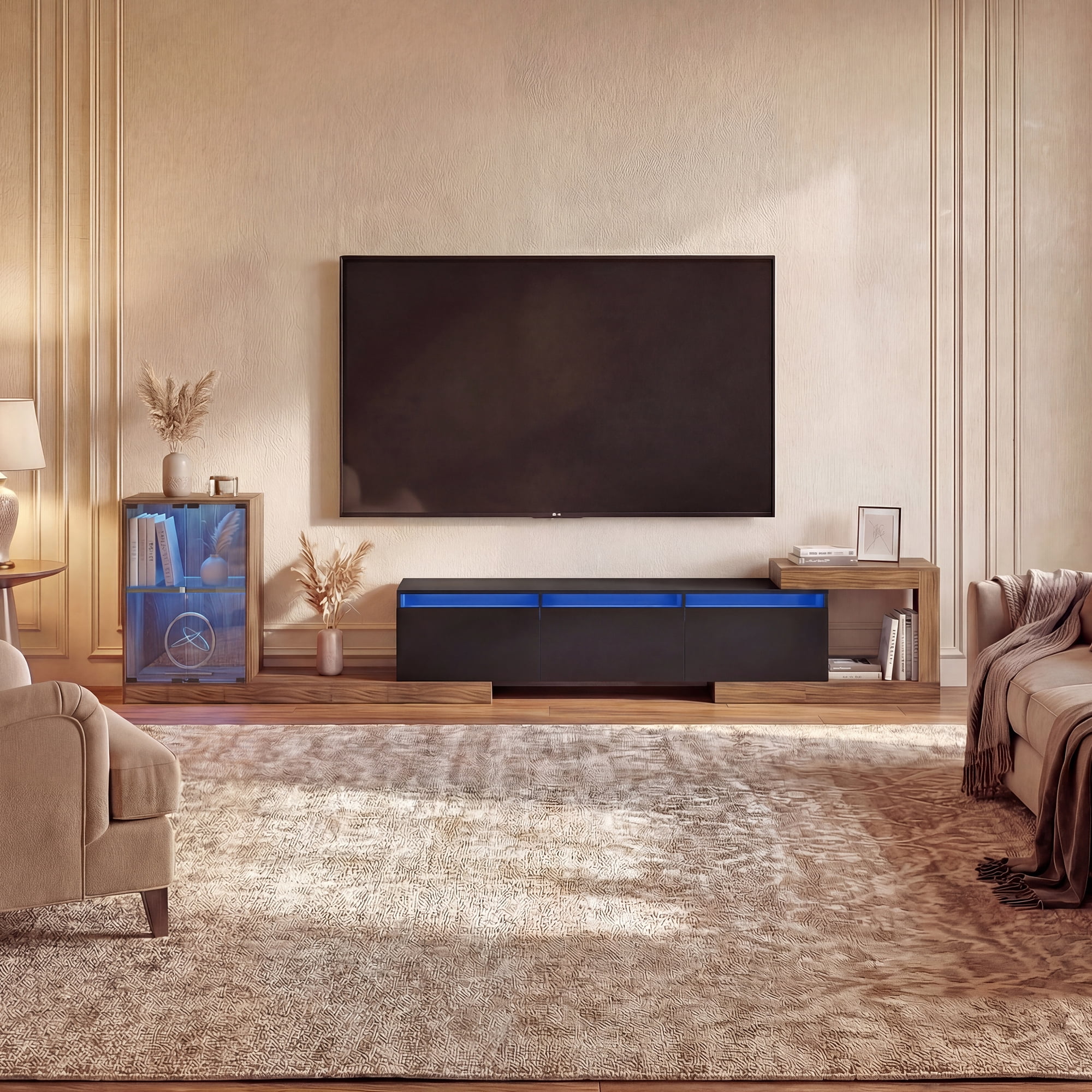 Advwin Extendable TV Stand for 75"-110" TVs, Modern Adjustable Length TV Console with LED Light, Cabinet, 2 Drawers & Media Storage, Entertainment Center for Living Room Bedroom, Black+Rustic Brown