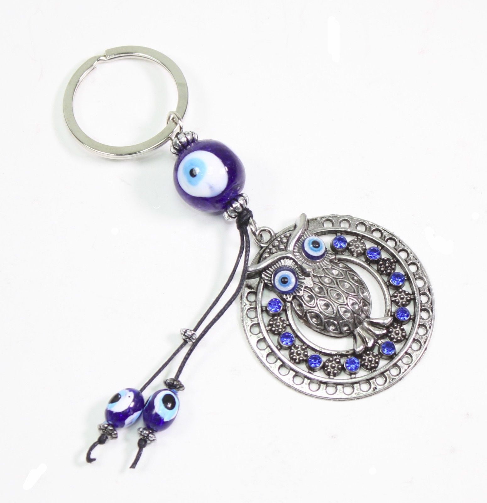 Blue Evil Eye Owl Lucky Crystals Car Key Chain Charm Protection Tassel Hange` 