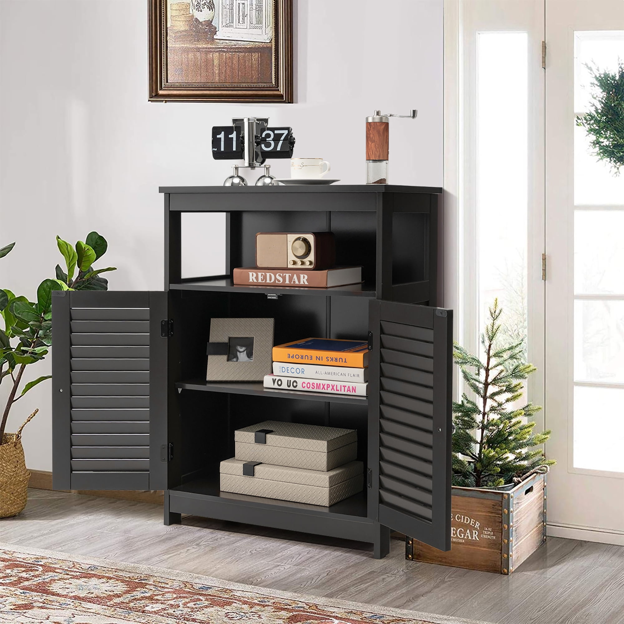Costway Bathroom Storage Wood Floor Cabinet with Double Shutter Door Black