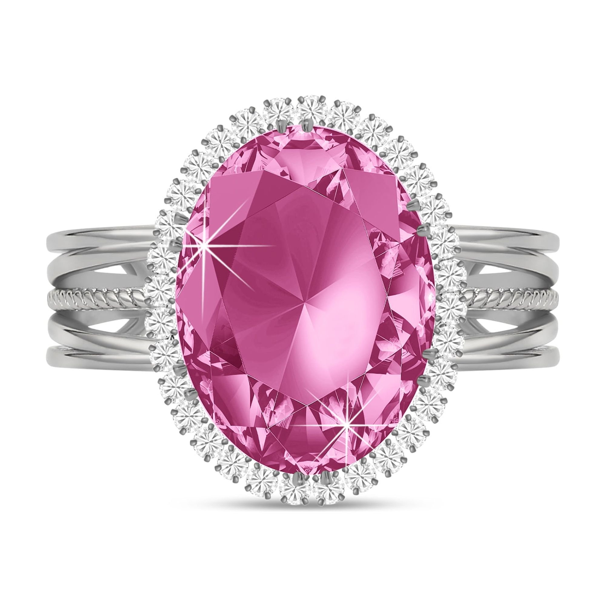 Linawe Silver Plated Adjustable Rings for Women, Fake Pink Birthstone Imitation Diamond Rings, Chunky Faux Gemstone Crystal CZ Rings, Statement Cocktail Ring, Cubic Zirconia Costume Rings