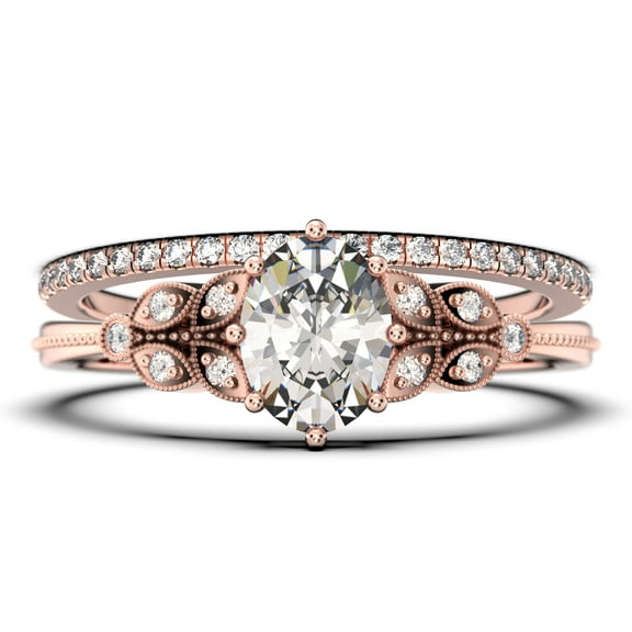 Gorgeous Boho & hippie 2.00 Carat Oval Cut Vintage Look Diamond Moissanite Engagement Ring Set, Wedding Ring in 10k Solid Rose Gold, Gift For Her, Promise Ring, Anniversary Gift