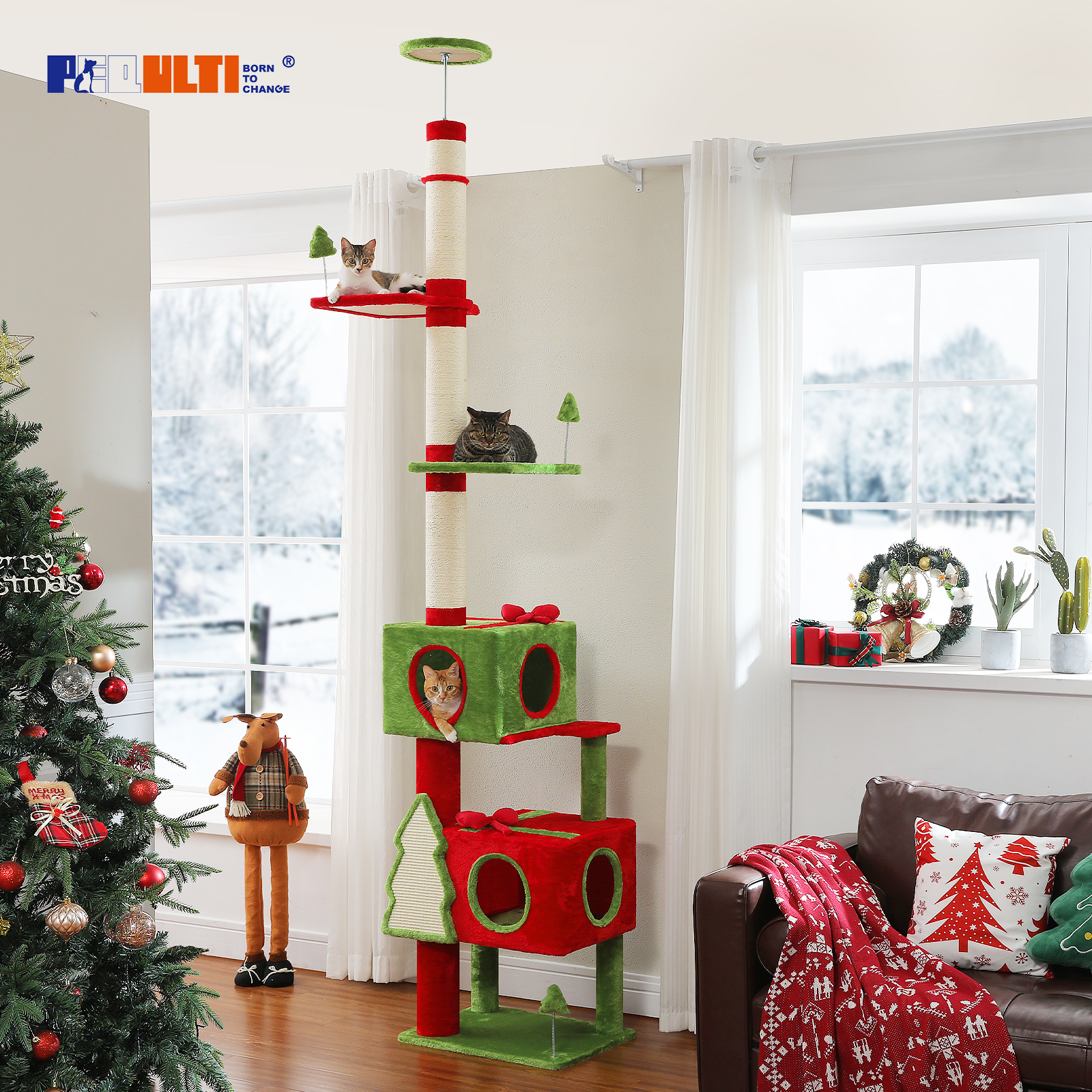 PEQULTI 90.9"-107.8" Christmas Cat Tree Floor to Ceiling Tall Cat Tower with 2 Spacious Cat Condos Red