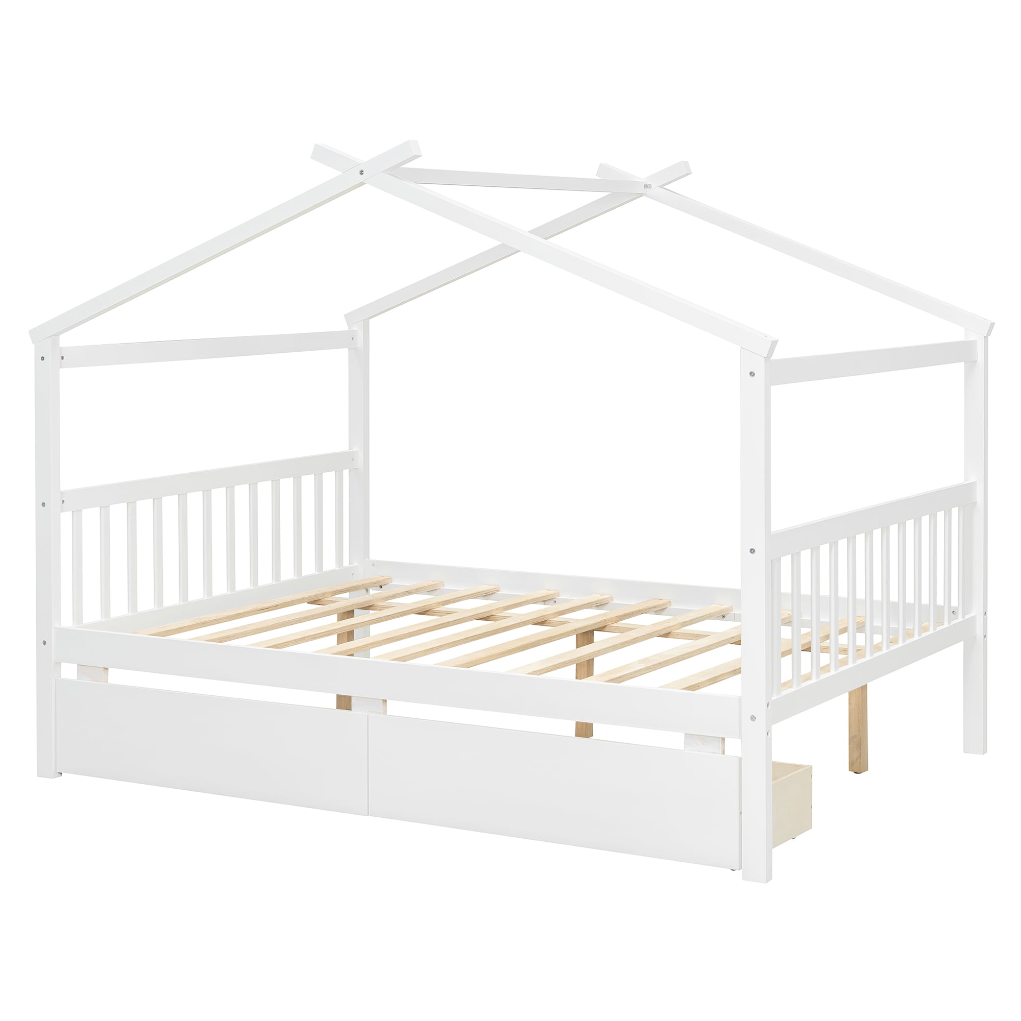 Aukfa Full Size House Bed with Two Storage Drawers for Kids, Solid Wood Montessori Bed Frame, White