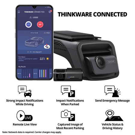 THINKWARE - U3000 4K UHD Front and 2K QHD Rear Dash Cam with Built-in GPS, WiFi and Radar - Black