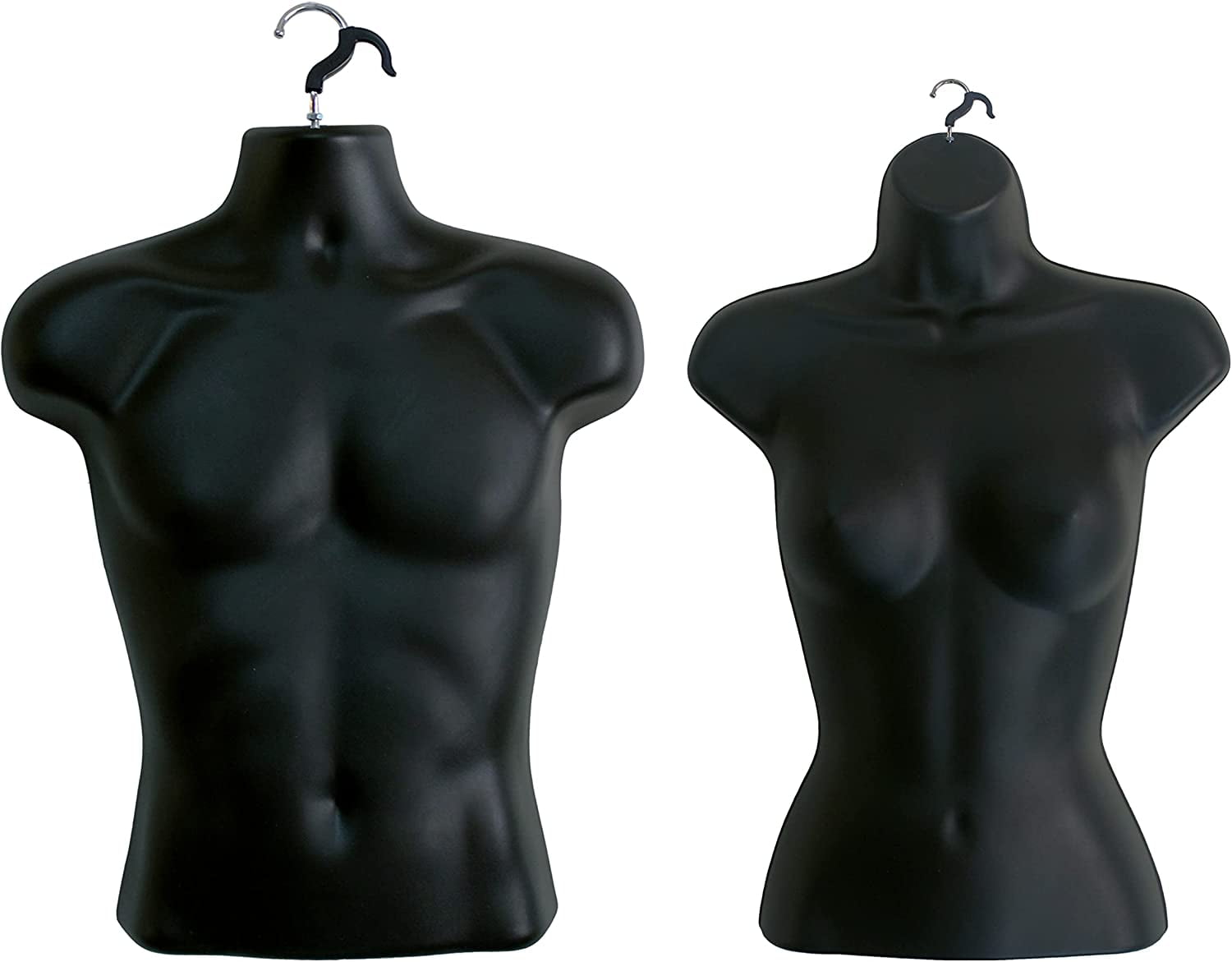 DisplayTown Black Male + Black Female Mannequin Injection Forms Half Rounded Waist Body Torso Dress Form with Only Hanging Hook, S-M Sizes