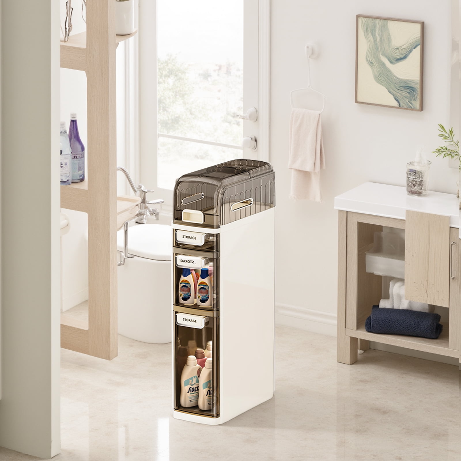 4 Tier Bathroom Floor Cabinet Slim Bathroom Storage Cabinet 4 Tier, Narrow Bathroom Cabinet with Drawers & Tissue Box, Plastic Waterproof Thin Storage Box for Narrow Spaces Kitchen, Laundry, Slim Orga