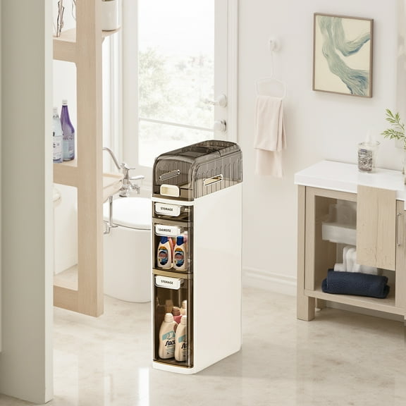 4 Tier Slim Bathroom Storage Cabinet, Narrow Organizer With Wheels And Toilet Paper Holder, Waterproof Skinny Bathroom Cabinet For Small Spaces, Bathroom, Kitchen