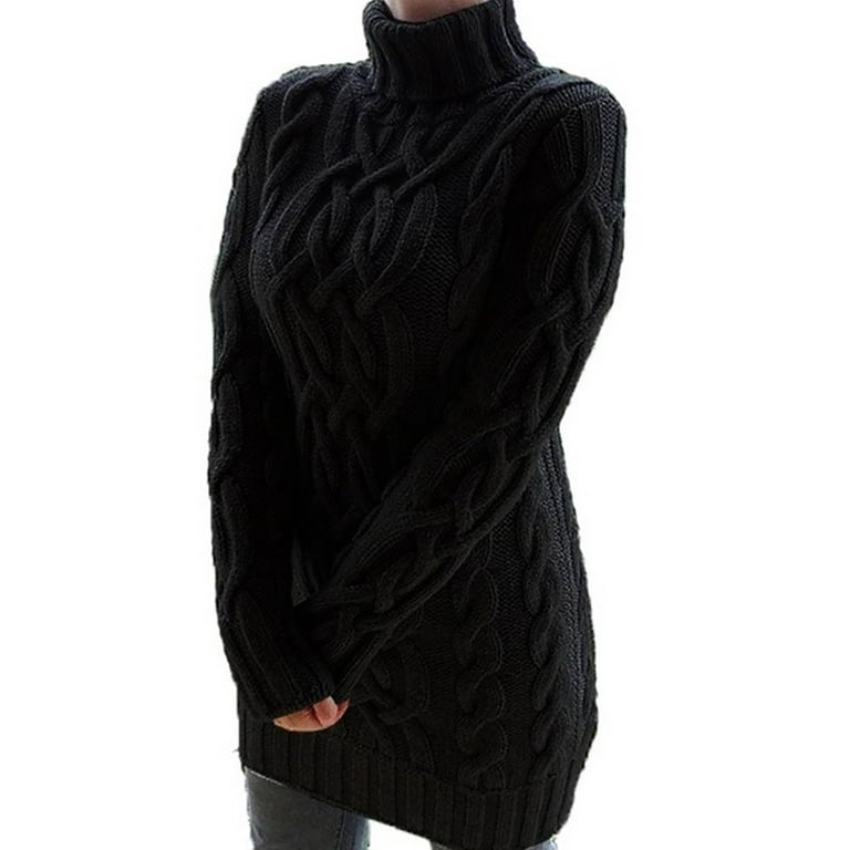 Uerlsty Women Chunky Cable Knit Turtle Roll Neck Jumper Dress