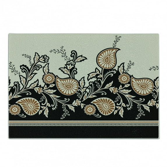Brown Paisley Cutting Board, Traditional Pattern of Flowers and Folkloric Print, Decorative Tempered Glass Cutting and Serving Board, in 3 Sizes, by Ambesonne