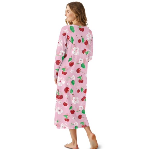 Tutolipy Cherry Printed Nightgowns for Women Long Sleeve Loungewear V Neck Sleepwear Full Length Nightshirts for Fall Winter, XL