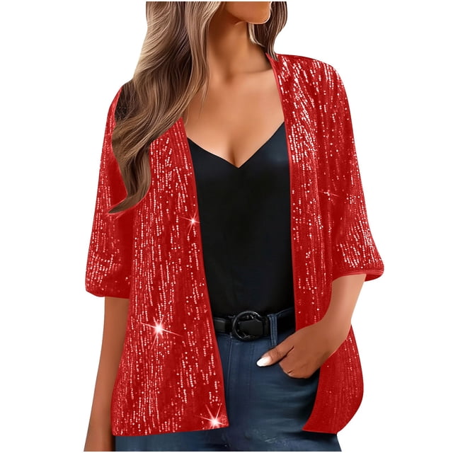 Wensltd Hauts pour Femmes Tendance Manches 3/4 Été Ouvert devant Paillettes Couleur Unie Mode Basique Décontracté Vestes Rouge m