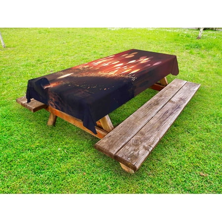 

Fantasy Outdoor Tablecloth Night Scenery of Enchanted Forest with Trees and Man in Boat Graphic Style Decorative Washable Fabric Picnic Tablecloth 58 X 120 Inches Ruby and Yellow by Ambesonne