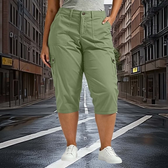 Kinrui Womens Plus Size Cargo Capris High Waist Crop Hiking Capri Pants Camping Athletic Joggers with Pocket Army Green XL