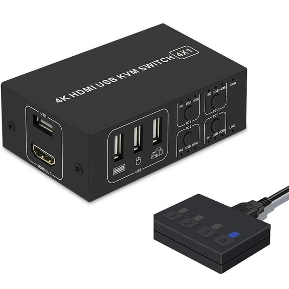 4 Ports HDMI KVM Switch 4K@30HZ/1080P@60HZ USB HDMI KVM Switcher 4 in 1 Out USB HDMI Share Monitor Mouse Keyboard Camera Printer W/ Desktop Controller