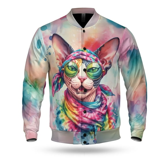 Hippie Sphynx Portrait Watercolor Tie-Dye Vintage Styles All Over Print 3D Baseball Jacket Cat Lover Kitten Owner Gifts Idea Bomber Jacket Softball - 00014