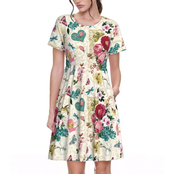 Disketp Bird Butterfly Rose para Vestido de Manga Corta para Mujeres, Vestidos de Verano para Mujeres, Casual y Holgado para la Playa