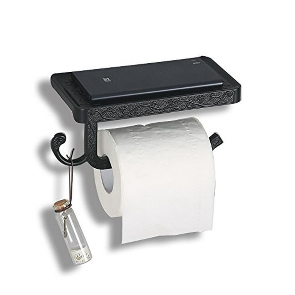 Black Recessed Toilet Paper Holder with Phone Shelf and Hook in Antique Flower Carving Walmart