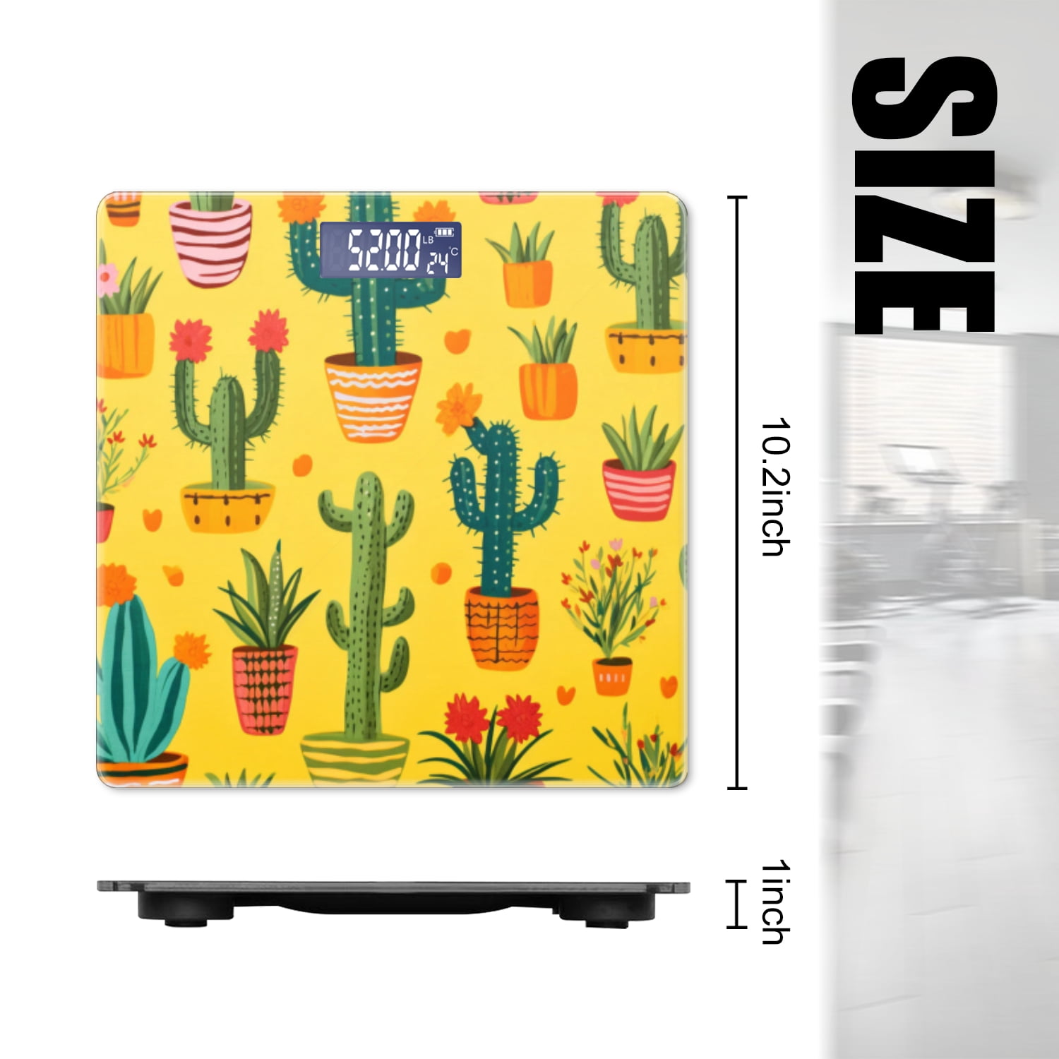 High Precision Body Weight Scale Smart Bathroom Scales with Large LCD Display(400lbs),Decorative for Bedroom-Cute Cacti And Succulents In Pots Vibrant Yellow Background