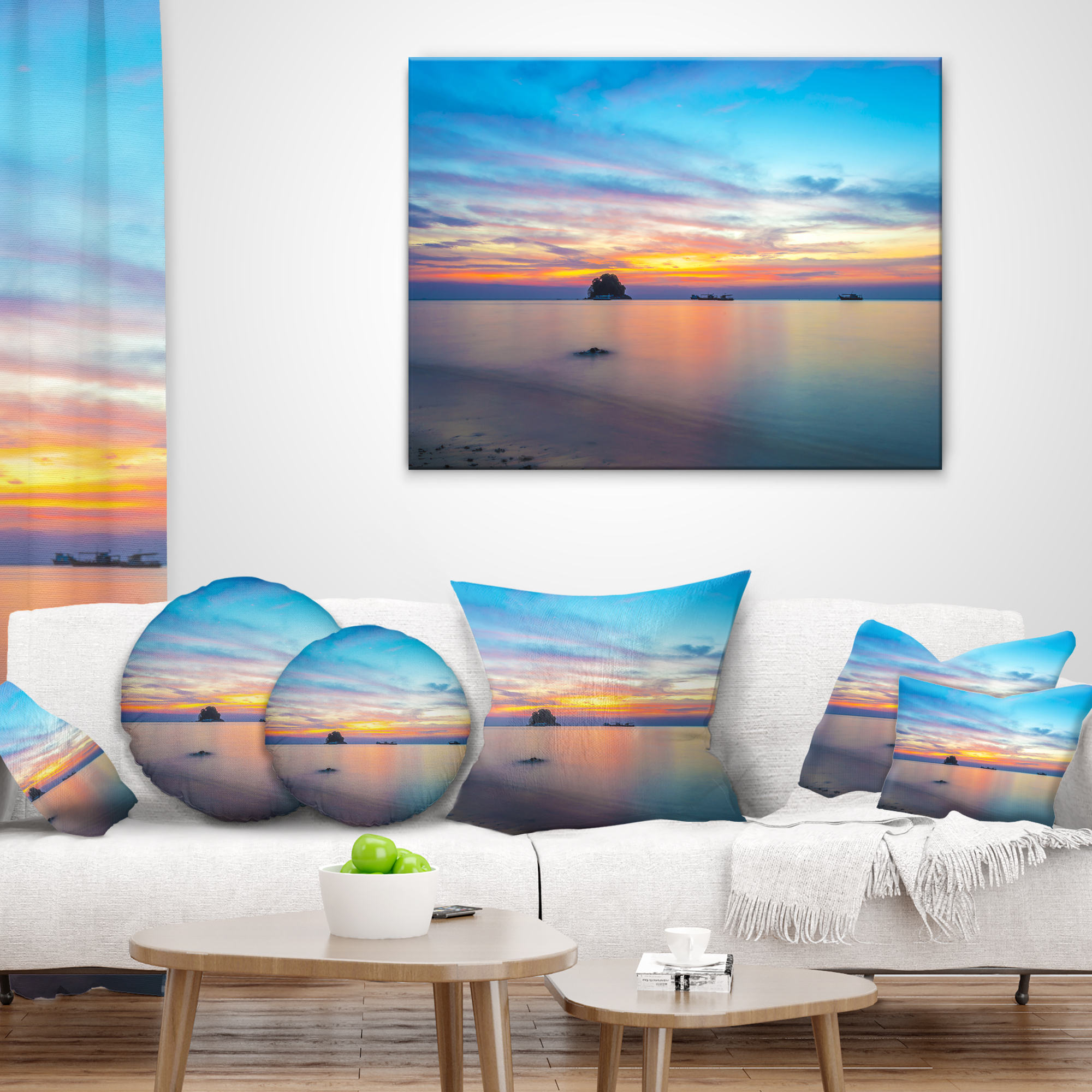 Designart Bluish Calm Sunset and Seashore - Seashore Throw Pillow - 18x18