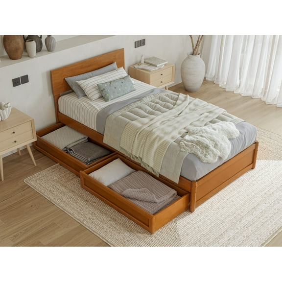 Wesley Twin XL Wood Platform Bed with Panel Footboard & Drawers in Light Toffee