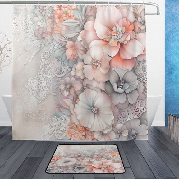 BZSMCE Shower Curtain and Bath Accessory Set,Vintage Floral Pattern