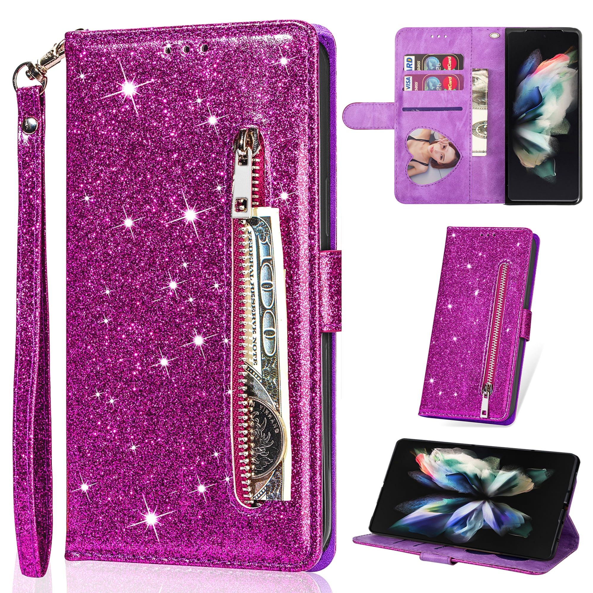 K-Lion for Samsung Galaxy S8 Glitter Wallet Case, Bling Sparkly PU Leather Zipper Flip Shockproof Protective Case Card Slots Kickstand Full Phone Cover with Strap for Women Girls,Purple