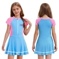 thumbnail image 1 of TiaoBug Short Sleeve Swimsuit for Girls Front Zippy Padded Beachwear Swim Dress UPF50+ Rash Guard Pink&Blue 140/L 不带胸垫, 1 of 6