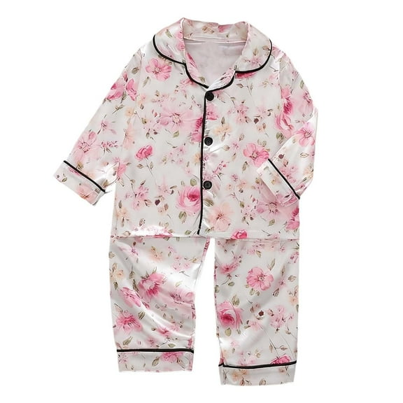 Jamsmile Toddler Girls Sets Soft Silk Satin Long Sleeve Floral Print Tops With Pants Loungewear 2 Piece Kids Girls Homewear