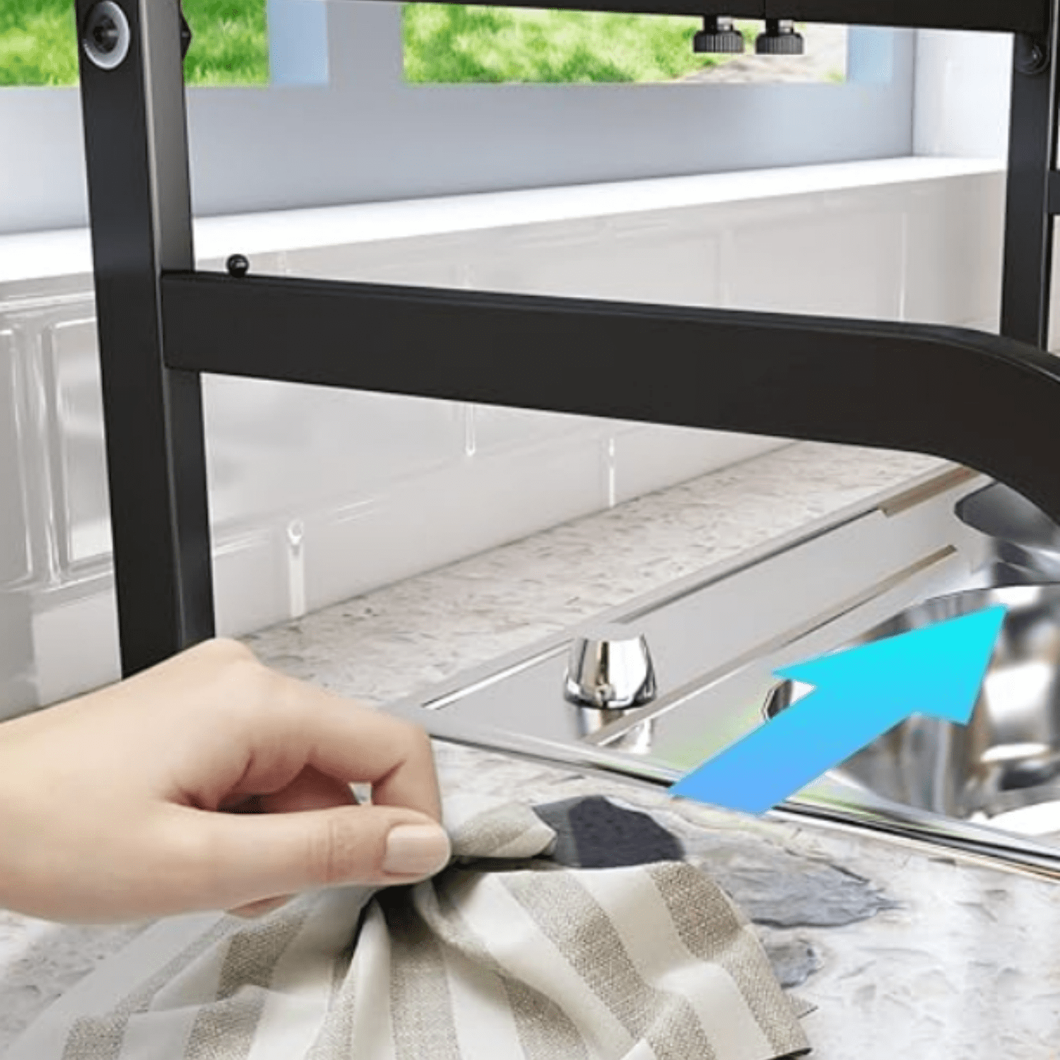 Over The Sink Dish Drying Rack, Adjustable (25.5 to 33.5 inch) 2 Tier Metal Steel Dish Drying Racks for Kitchen Counter with Hooks Paper Towel Utensil Cup Holder Sink Caddy (Black)