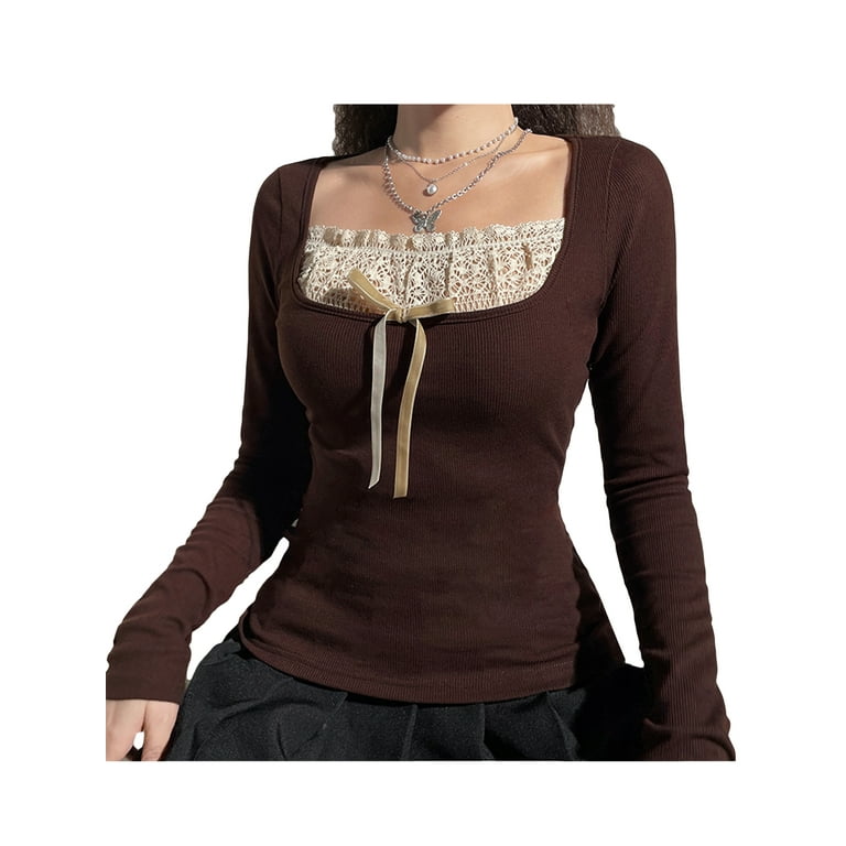 Women Y2K Long Sleeve Lace Tops Sexy Patchwork Square Neck Slim T Shirt Vintage Casual Trendy Blouse Streetwear Women Y2K Long Sleeve Lace Tops Sexy Patchwork Square Neck Slim T Shirt Vintage Casual Trendy Blouse Streetwear