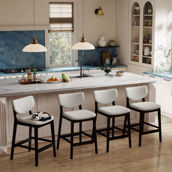 Dayalane Modern Barstools Set of 4, 26" Farmhouse Upholstered Counter Height Bar Stools with Wooden Legs, Bar Chairs with Back Support for Kitchen Island, Powell Stools, Dining Room, Pub, Linen Grey