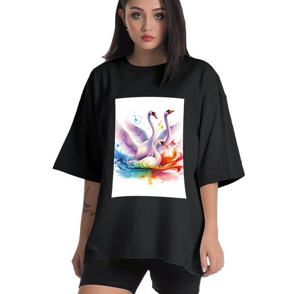 Plus Size Shirt for Women Black Tops for Women Short Sleeves Shirt for Women Swans T Shirt Crewneck Shirt for Women XS