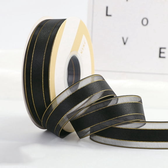 49.2 Yards/Roll Black Sheer Organza Ribbon with Gold Edge 1 inch Clear Soft Shimmer Mesh Voile Fabric Polyester Ribbons