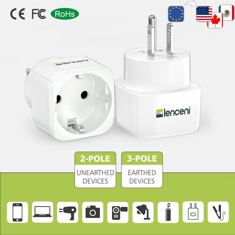 2 Pack Europe to US Plug Adapter, LENCENT European to USA Adapter, American  Outlet Plug Adapter, EU to US Adapter, Europe to USA Travel Plug Converter