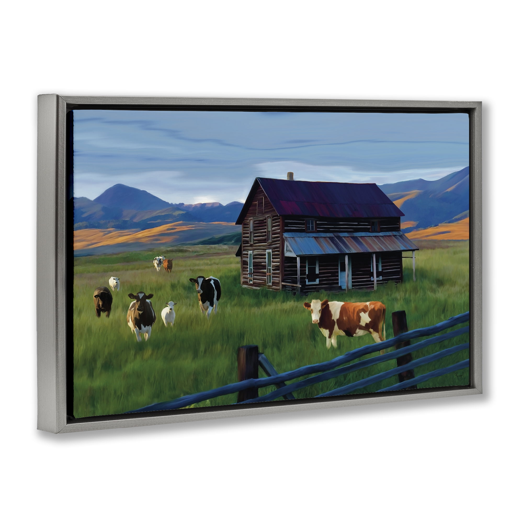 Stupell Industries Grazing Cattle at Solitary Cabin Gray Framed Floater Canvas Wall Art, design by Renel Peters