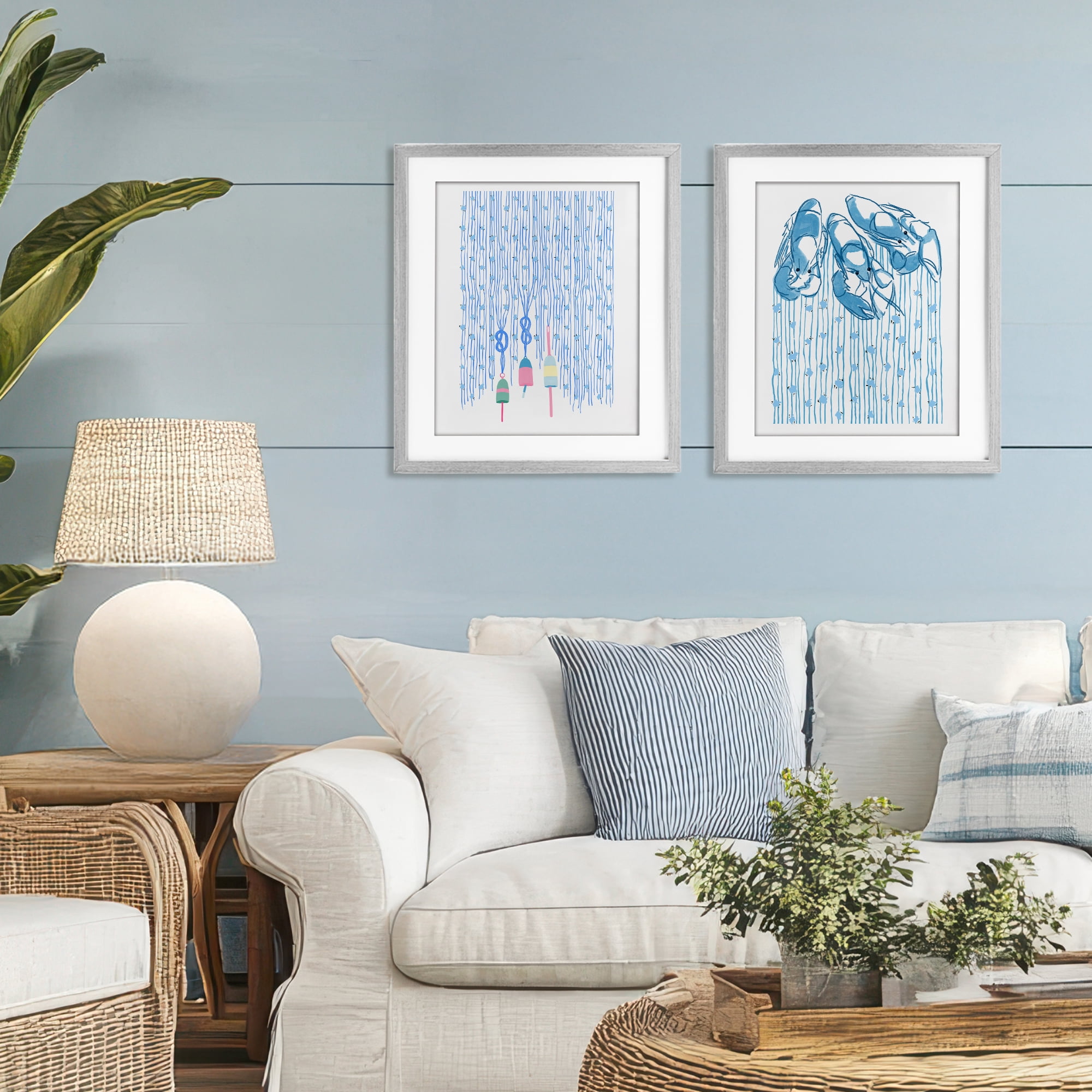 Stupell Industries Nautical Buoys & Lobsters 2 Piece Gray Framed Print Under Glass Set, design by Melissa Tilley