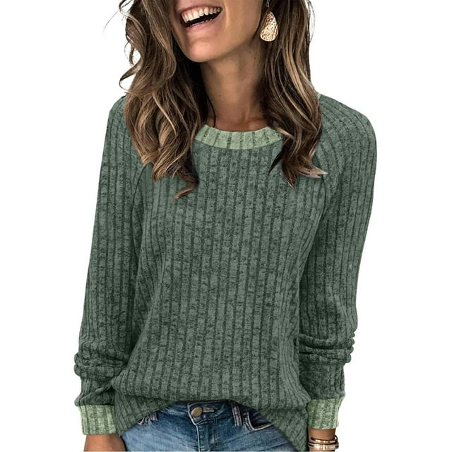 Camisas de Larga para Mujer, Suéteres, Conjuntos de Otoño, Bloques de Color, Ropa de Invierno, Elegantes, Informales, Suaves. Verde M