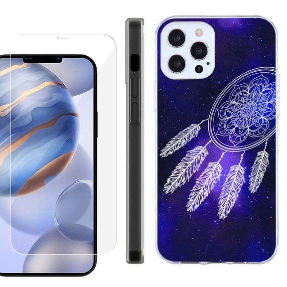 Slim Fit Protective Phone Case for Apple iPhone 12 / iPhone 12 Pro, with Tempered Glass Screen Protector, by OneToughShield ® - Dream Catcher