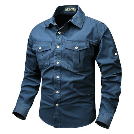JUUYY Men s Long Sleeve Hiking Shirt Lightweight Quick Dry Sun Protection Solid Color Fishing Shirt Outdoor Hunting Travel Camouflage Shirt Dark Blue XL