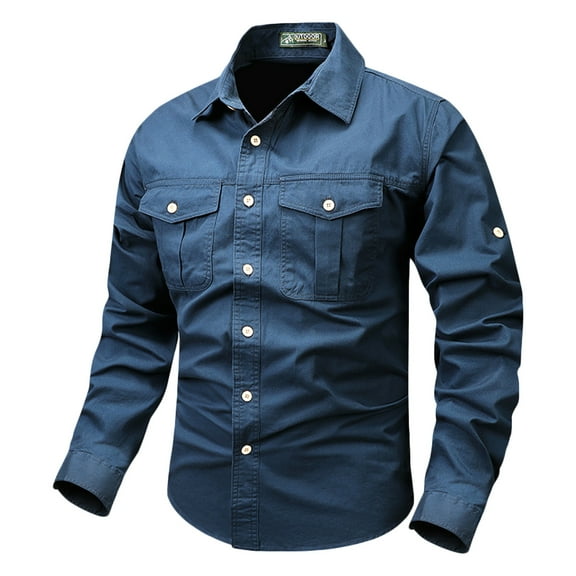 SwiftWear Tactical Cargo Shirts for Men Lapel Long Sleeve Button Down Shirt Classic Fit Fishing Camping Tops with Pockets Dark Blue M
