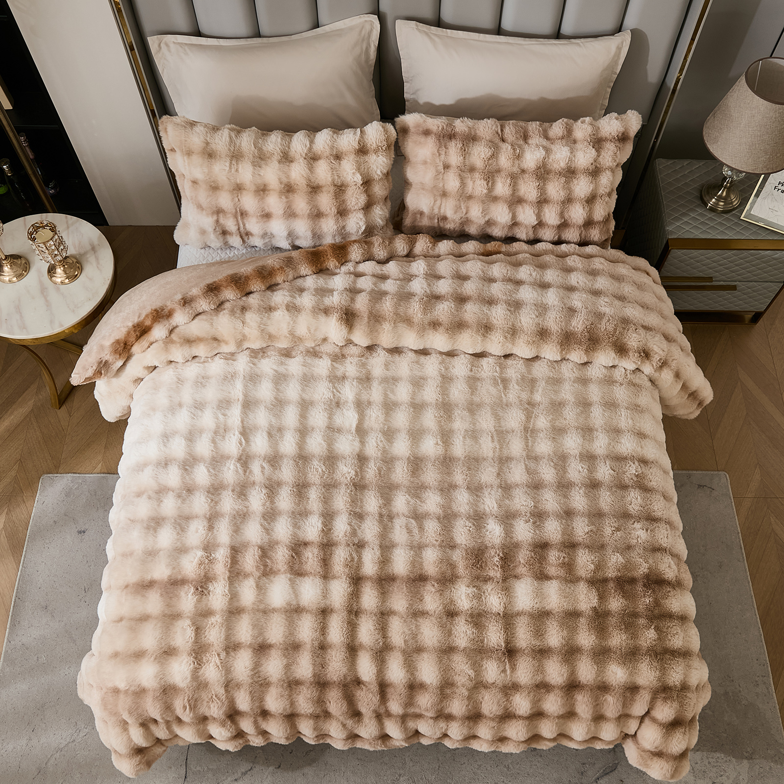 Plush Rabbit Faux Fur Comforter Set Queen/King Size Tie Dyed Fluffy Comforter Bed Set Luxury 3 Pieces Warm Shaggy Winter Comforter Queen Size Soft Bubble Bedding Comforter Set