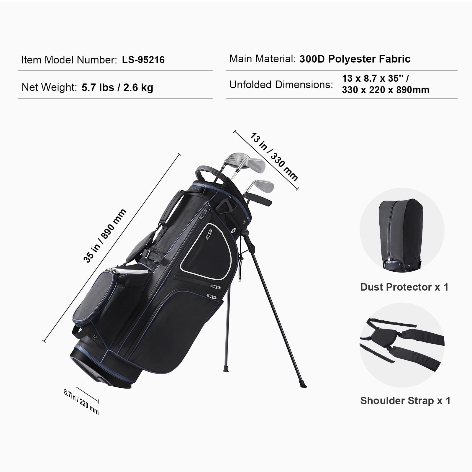 KFFKFF Golf Equipment Bag,14 Section Divider Top,35” 11 Compartments High-End Cart Bag with Stand,Robust Golf Carriers with Handles,Dust Protector & Removable Double Strap for Both Genders,Monochrome