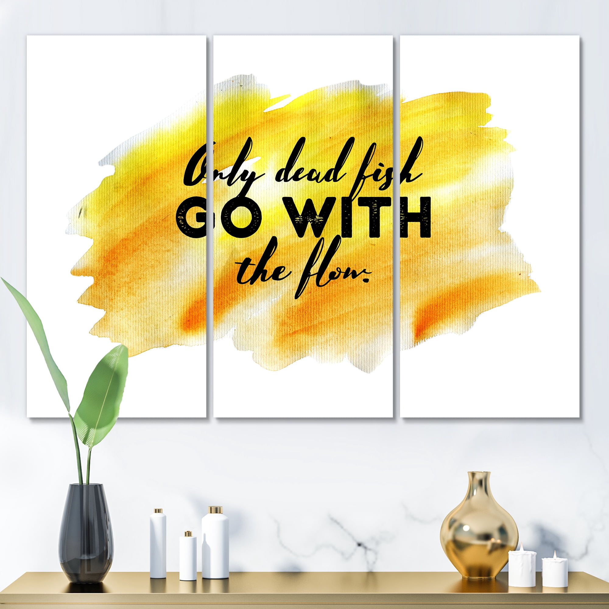 Designart ' Only Dead Fish Go With The Flow On Yellow Strokes ' Modern Canvas Wall Art Print